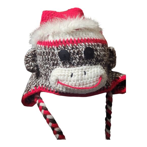 Sock Monkey Beanie Hat Braids Ear Flaps Santa Hat Crocket - Picture 2 of 6
